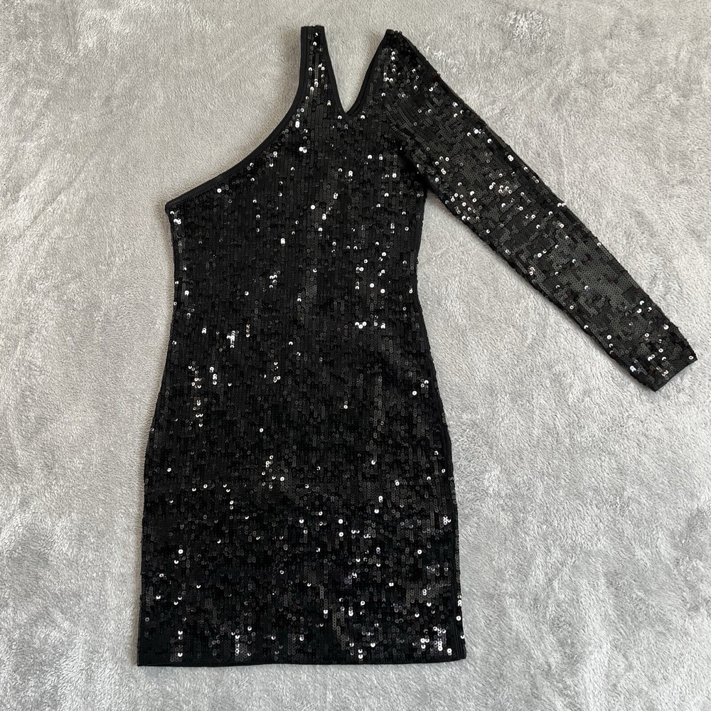 Moda International Sequin Dress Womens S Black Old Money One Shoulder Bodycon